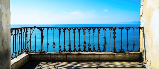 Rusty balcony railings overlooking a tranquil sea view under a clear blue sky in a coastal setting