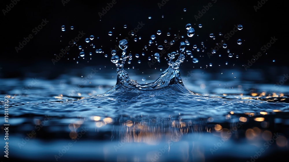 Poster water splash in dark ambiance with defocused droplets creating a mesmerizing bokeh effect in a seren