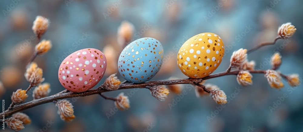 Wall mural Willow branches decorated with colorful painted eggs for a charming Easter celebration close up shot