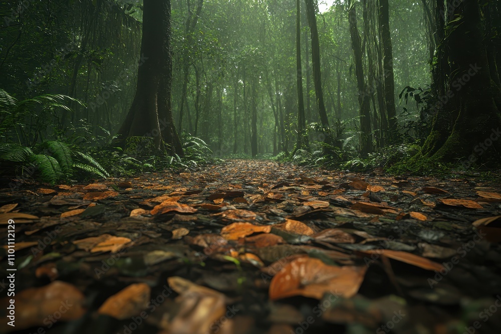 Poster A serene forest path covered in fallen leaves, surrounded by tall trees and a misty atmosphere, inviting exploration and tranquility.