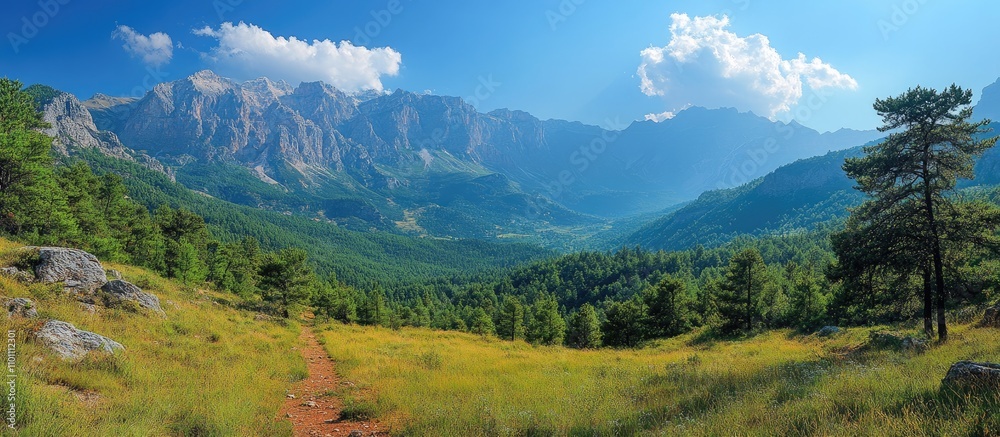 Poster breathtaking panoramic view of a pristine natural landscape with mountains and green fields under a 