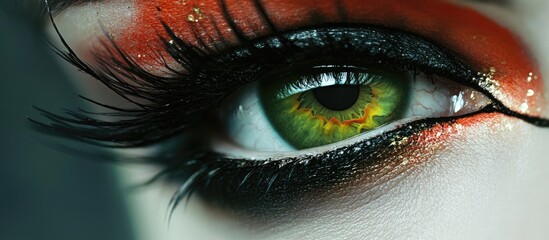Close-up of a woman's striking green eye highlighted by vibrant mascara and artistic makeup for a captivating beauty look