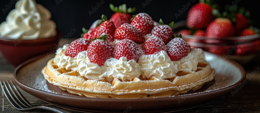 Aufkleber Swedish waffles adorned with fresh strawberries and whipped cream served on a rustic plate with additional strawberries in background.