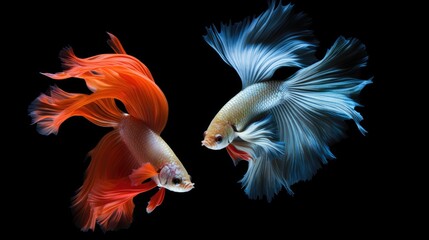 Fototapeta premium Vibrant Siamese fighting fish gracefully swimming against a deep black background showcasing their intricate fins and striking colors