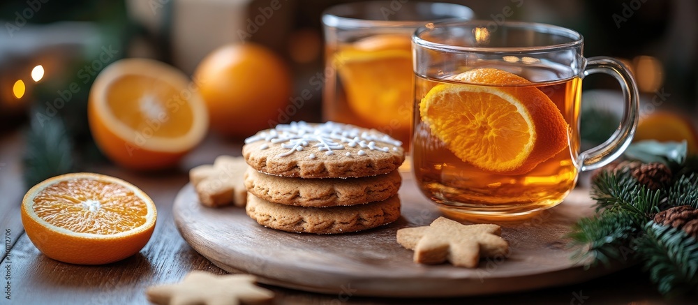 Aufkleber christmas tea with gingerbread cookies and fresh oranges creating a cozy festive atmosphere on a woo