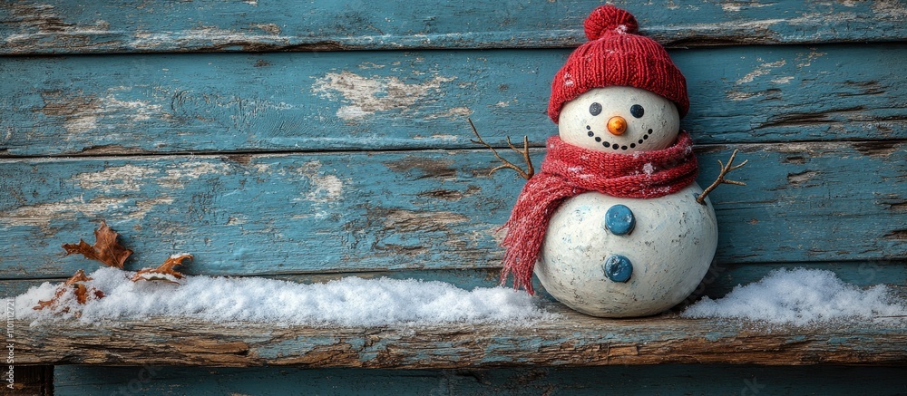 Poster charming snowman on rustic wood background with snow and cozy winter accessories creating an invitin
