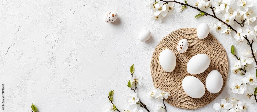 Poster top view of decorative flowers and white eggs on a round mat with a blank background ideal for seaso