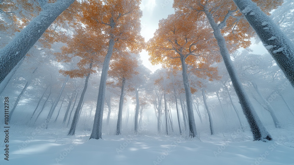 Aufkleber winter forest landscape with snow-covered trees and autumn leaves creating a serene and tranquil atm