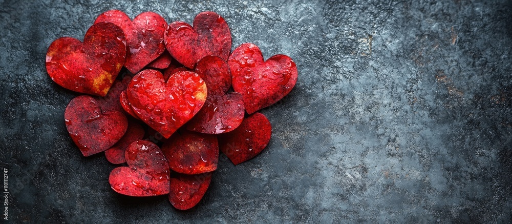 Aufkleber Heart shaped red petals arranged artistically on a textured grey background creating a romantic and elegant atmosphere for love themed concepts