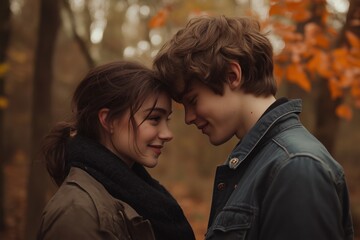 Fototapeta premium Couple sharing a tender moment in a fall forest setting