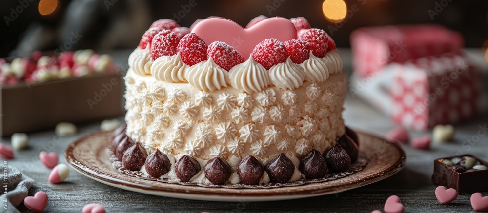 Poster heart-shaped cake adorned with raspberries on a decorative plate surrounded by assorted candy hearts