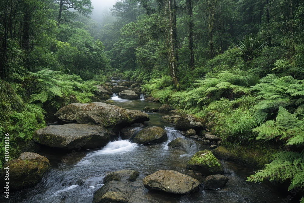 Poster a serene forest scene featuring a flowing stream surrounded by lush greenery and rocks, evoking tran