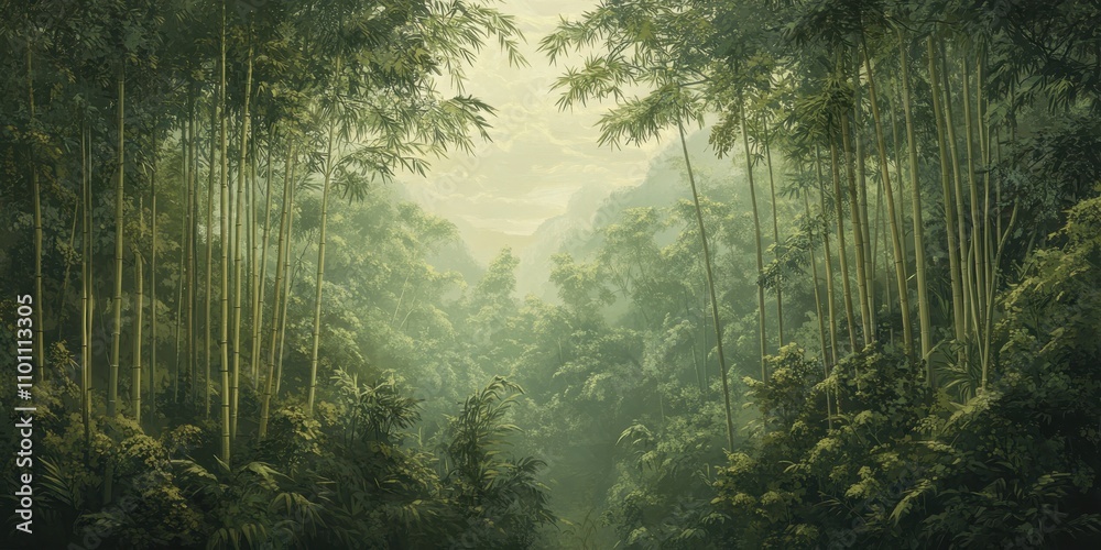 Poster a serene bamboo forest scene, filled with lush greenery and soft light filtering through the trees, 