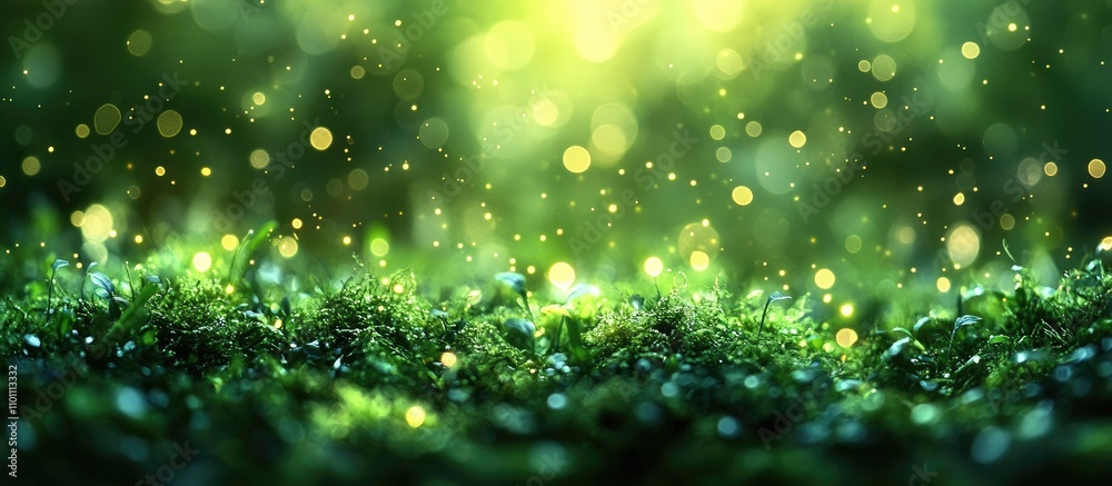 Poster green bokeh background with shimmering light effects creating a serene and enchanting atmosphere for