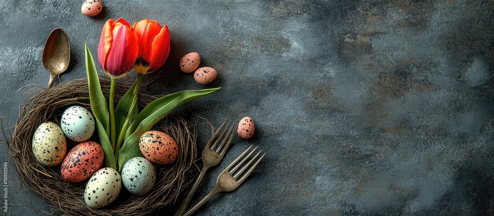 Aufkleber Easter table setting with colorful eggs tulip flowers and cutlery on a rustic grey background for festive celebrations and decoration concepts
