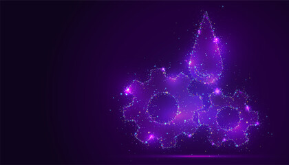 Silhouette of a gear and hand made of glowing, multicolored dots, resembling stars. The particles symbolize dedication, precision, and the essence of providing service.