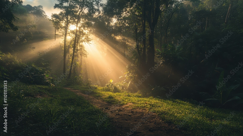 Aufkleber A beautiful forest scene with sunlight filtering through trees, creating a serene atmosphere filled with lush greenery and soft shadows.