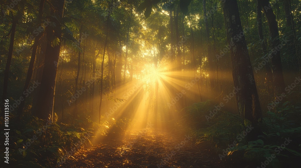 Aufkleber A serene forest scene illuminated by sun rays filtering through the trees, creating a tranquil and ethereal atmosphere.