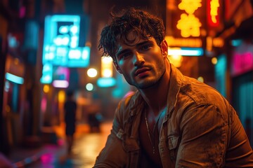 Fototapeta premium Man in a leather jacket posing under vibrant neon lights in an urban alley
