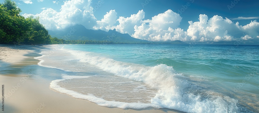 Poster tranquil beach with gentle waves under a vibrant sky and fluffy clouds reflecting a serene tropical 