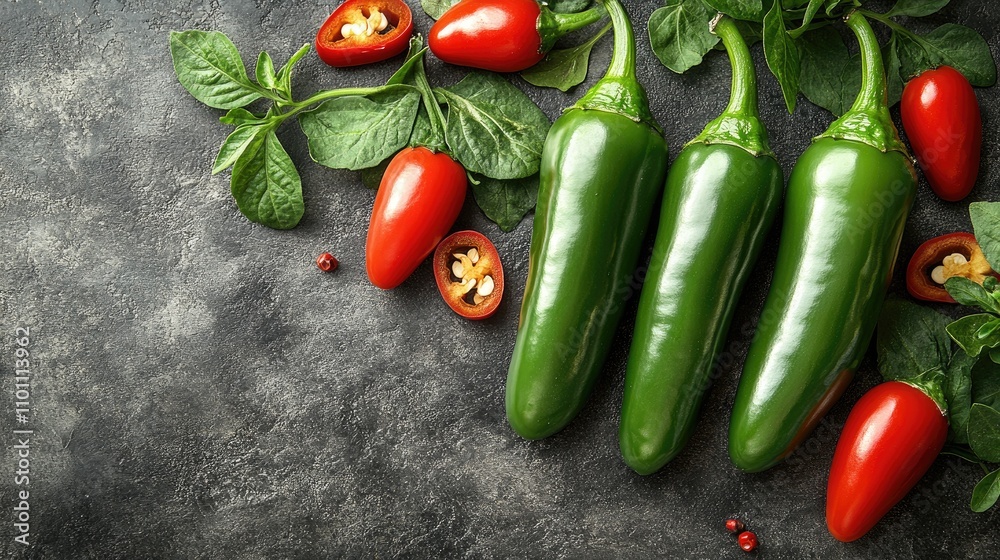 Aufkleber fresh jalapeno and red chili peppers with spinach on a textured slate background ideal for food prep