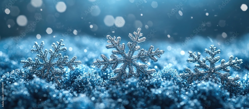 Poster Winter scene featuring sparkling snowflakes resting on a shimmering blue surface with a soft bokeh effect creating a magical ambiance.