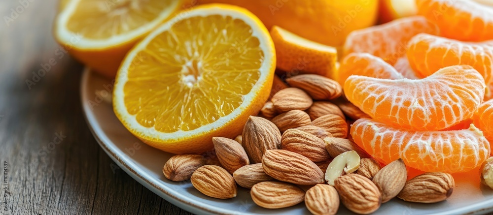 Aufkleber fresh citrus fruits and nuts elegantly displayed on a plate highlighting healthy eating on a rustic 