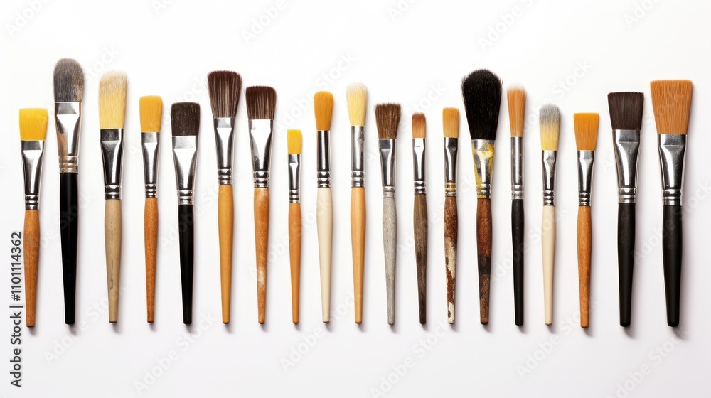 Poster Assorted paint brushes neatly arranged on a white background showcasing a variety of styles and sizes for creative and artistic purposes
