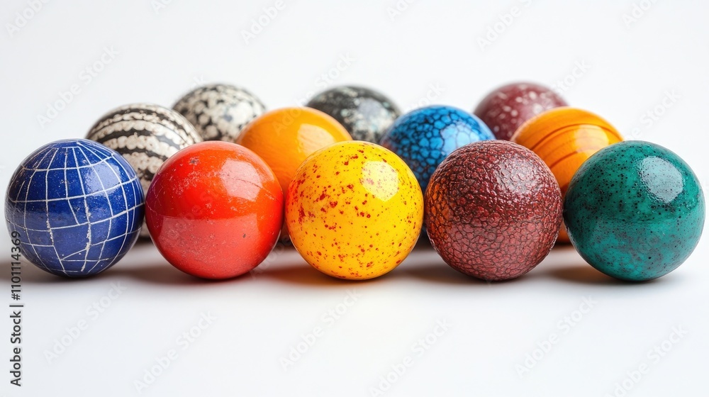 Poster colorful assortment of decorative balls arranged in a line on a white background showcasing variety 
