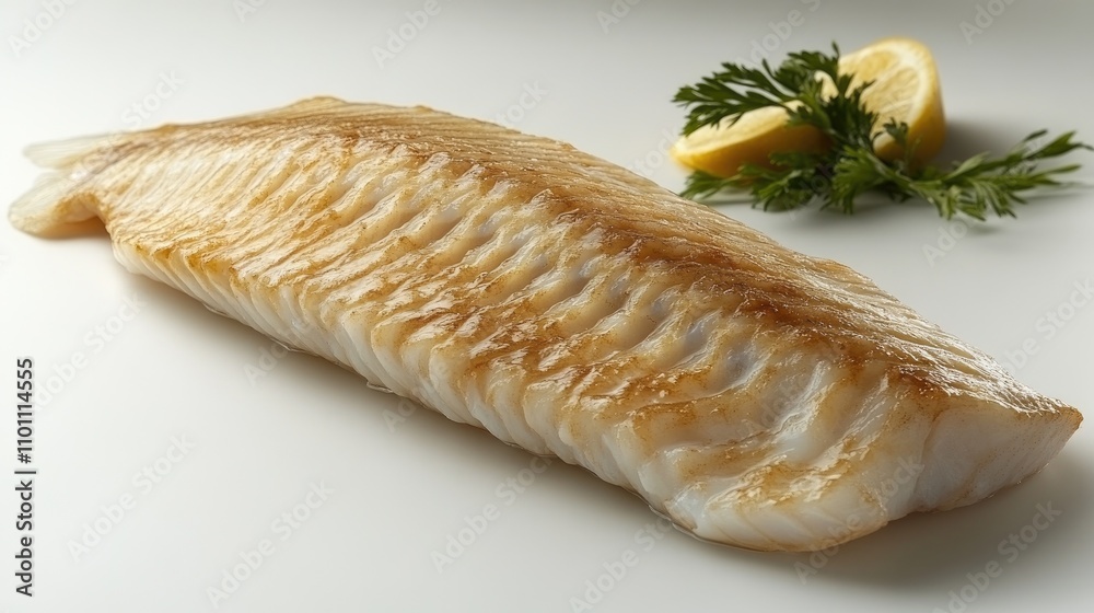 Poster tilapia fish fillet with fresh herbs and lemon slice on a neutral background for culinary or seafood