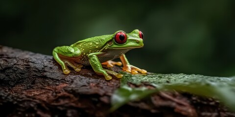 Obraz premium A vibrant green frog with red eyes perches on a branch, surrounded by lush greenery, showcasing the beauty of nature.