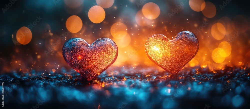Poster glowing heart bokeh with sparkling lights creating a romantic and vibrant atmosphere for love themed