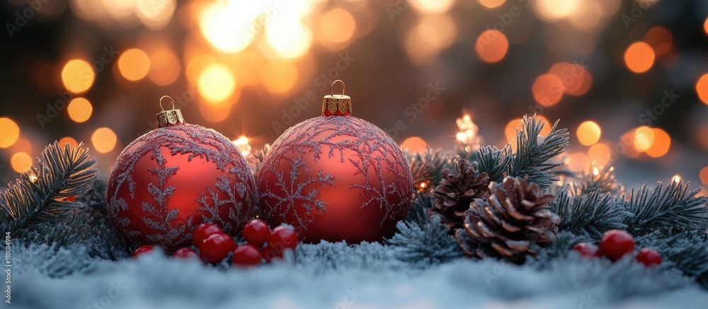 Poster Christmas ornaments on snow with pine branches and warm bokeh lights creating a festive holiday atmosphere in a still life setting