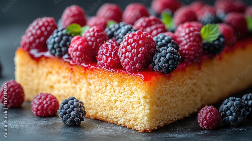 Poster sponge cake topped with assorted fresh berries on a dark background showcasing vibrant colors and te
