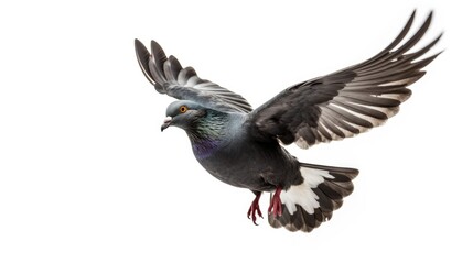 Domestic pigeon gracefully flying with wings spread wide against a clean white background showcasing its vibrant feathers and colors.