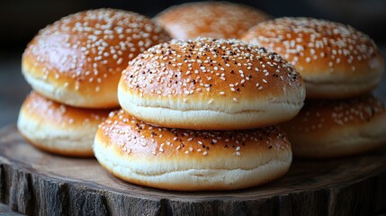 Freshly baked sesame seed burger buns stacked on a wooden board showcasing their golden crust and soft texture for culinary presentations.