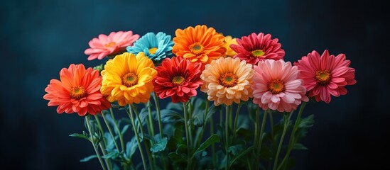 Fototapeta premium Vibrant chrysanthemums bouquet on dark background with space for text showcasing colorful blooms and floral beauty in full bloom.