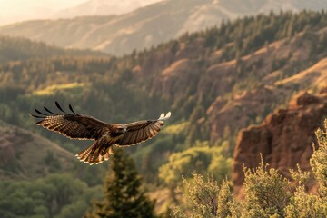 Obraz premium A majestic eagle soars over picturesque mountains, showcasing its wingspan against a backdrop of lush greenery and rugged terrain.