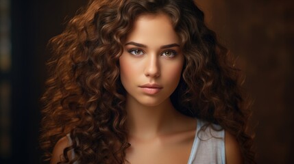 Fototapeta premium Stunning portrait of a young woman with voluminous curly brown hair looking confidently at the camera in an artistic setting.