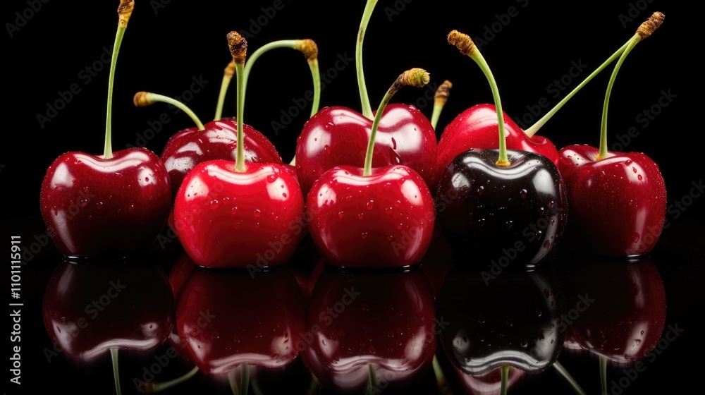 Poster assorted ripe cherries with reflections on a black background showcasing vibrant colors and textures