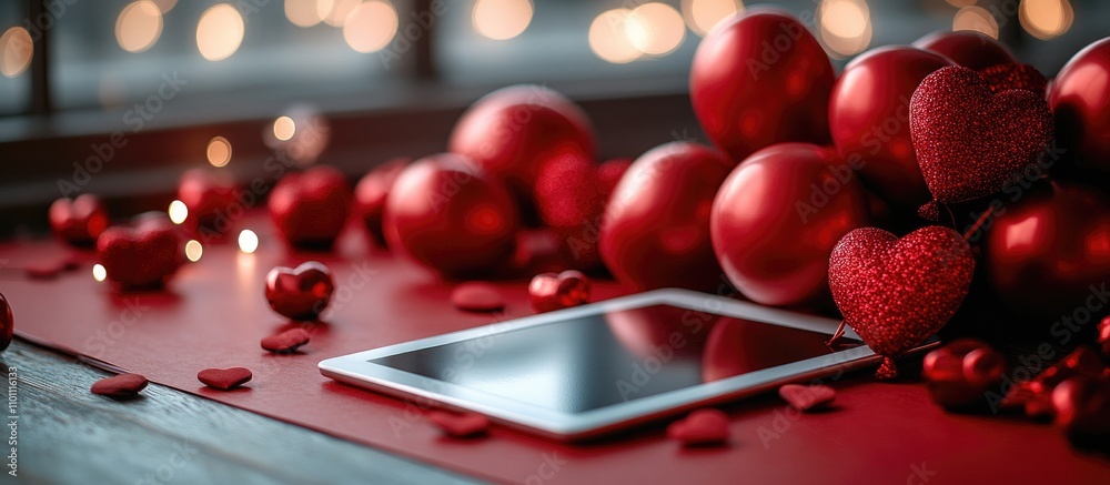 Poster valentine's day festive flatlay with red heart balloons notepad and tablet on red backdrop creating 
