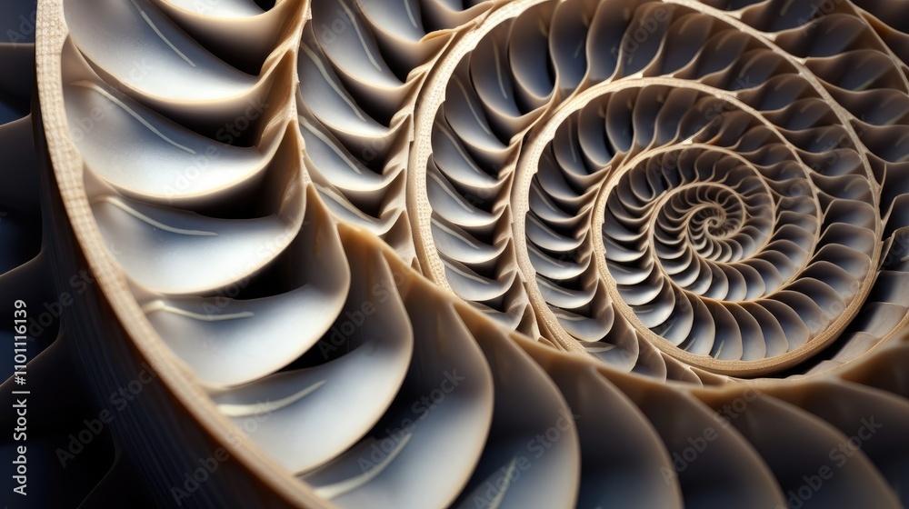 Poster Top view of an intricate spiral shell showcasing natural geometry and patterns in a close-up perspective.