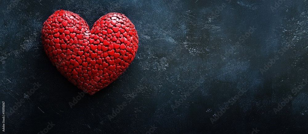Poster red heart made of smaller hearts on dark textured background symbolizing love and affection for vale