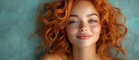 Fototapeta premium Alternative model with vibrant orange hair smiling softly against a soothing textured backdrop showcasing natural beauty and confidence.