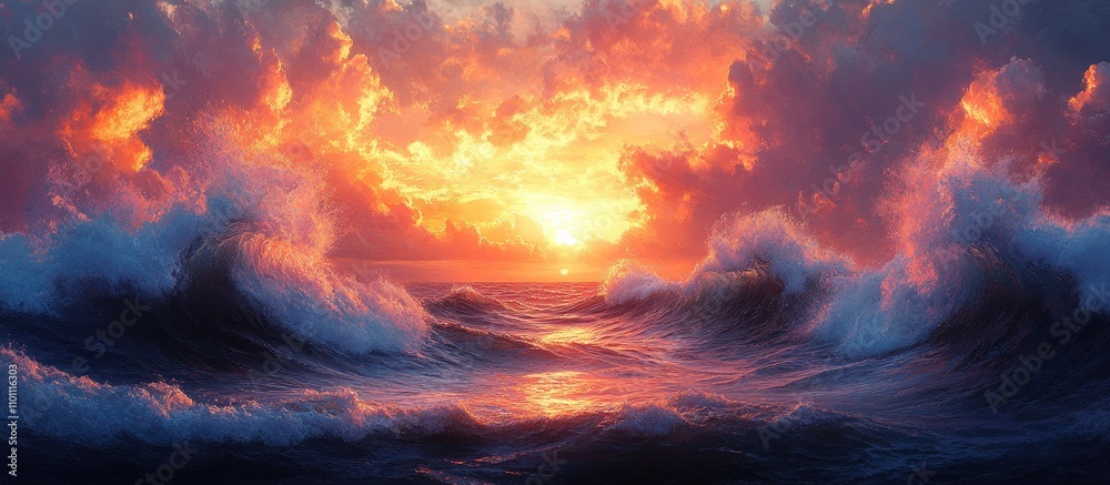 Poster Vibrant sunset over dynamic ocean waves creating a serene and joyful atmosphere with dramatic clouds and warm colors in the sky