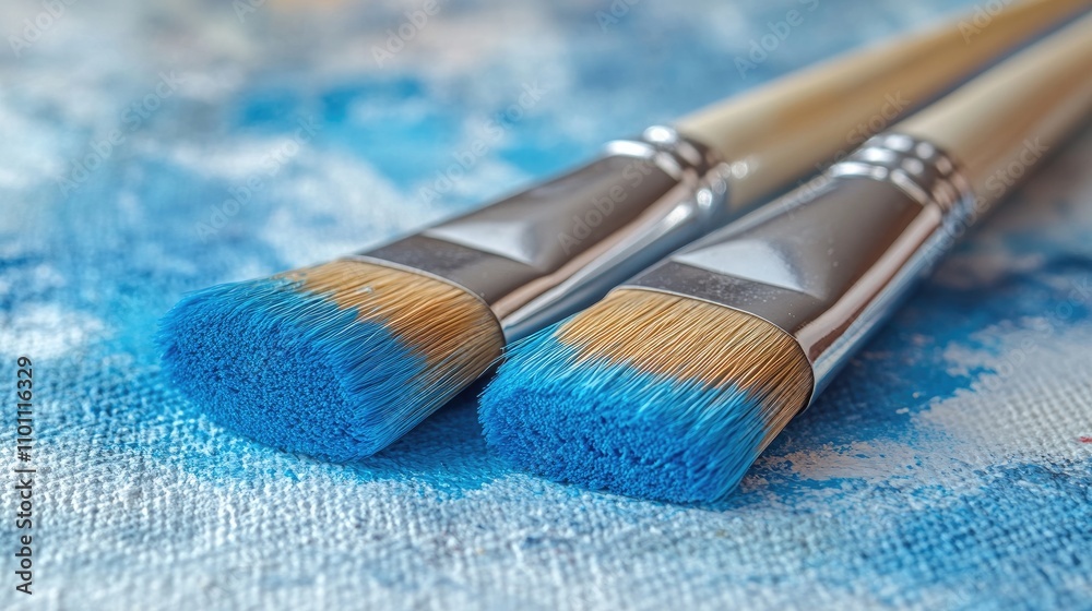 Poster professional paintbrushes with blue bristles resting on a textured canvas highlighting the artistry 