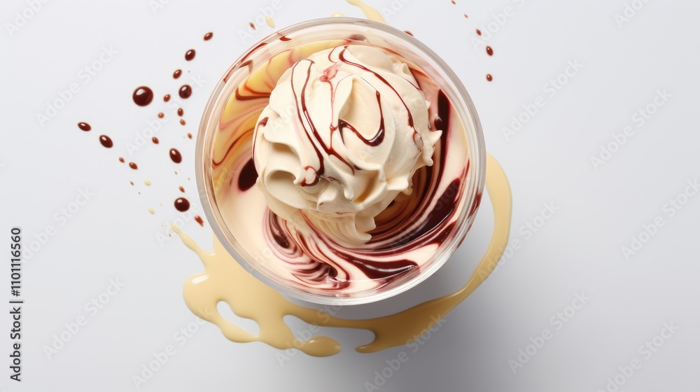 Aufkleber Top view of creamy ice cream swirl in a cup with chocolate drizzle and caramel splash on a light background