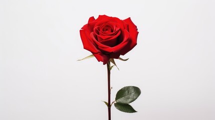 Fototapeta premium Close up of a single vibrant red rose elegantly displayed against a plain white background showcasing its beauty and delicate details.