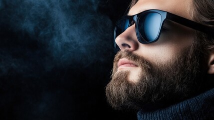 A man with a stylish beard wearing sunglasses, surrounded by smoky ambiance, This image can be utilized for fashion, lifestyle, or creative projects emphasizing modern masculinity and sophistication,
