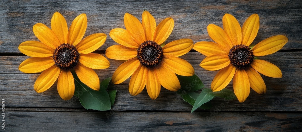Poster three vibrant rudbeckia flowers with green leaves arranged on a rustic wooden background providing a
